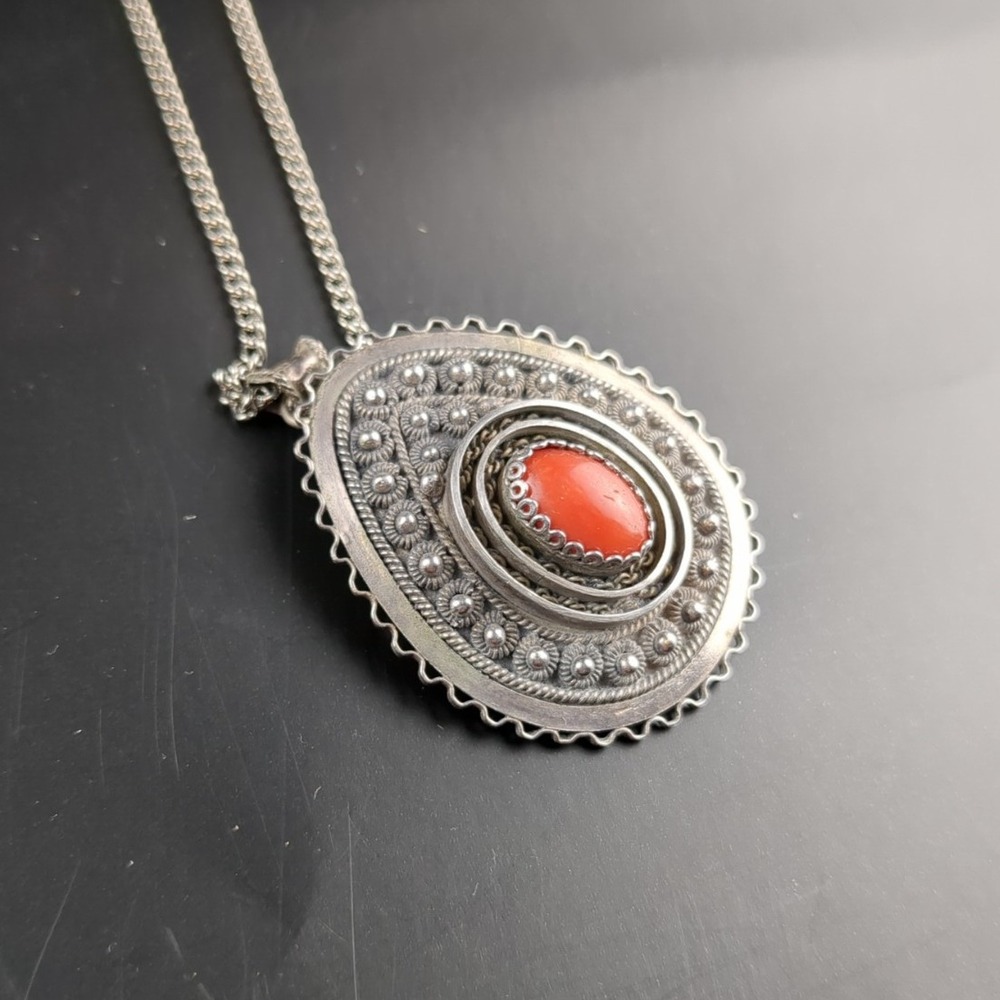 Vtg Israel Sterling Silver Carnelian Teardrop‎ Pendant Brooch Necklace 23" 17g
